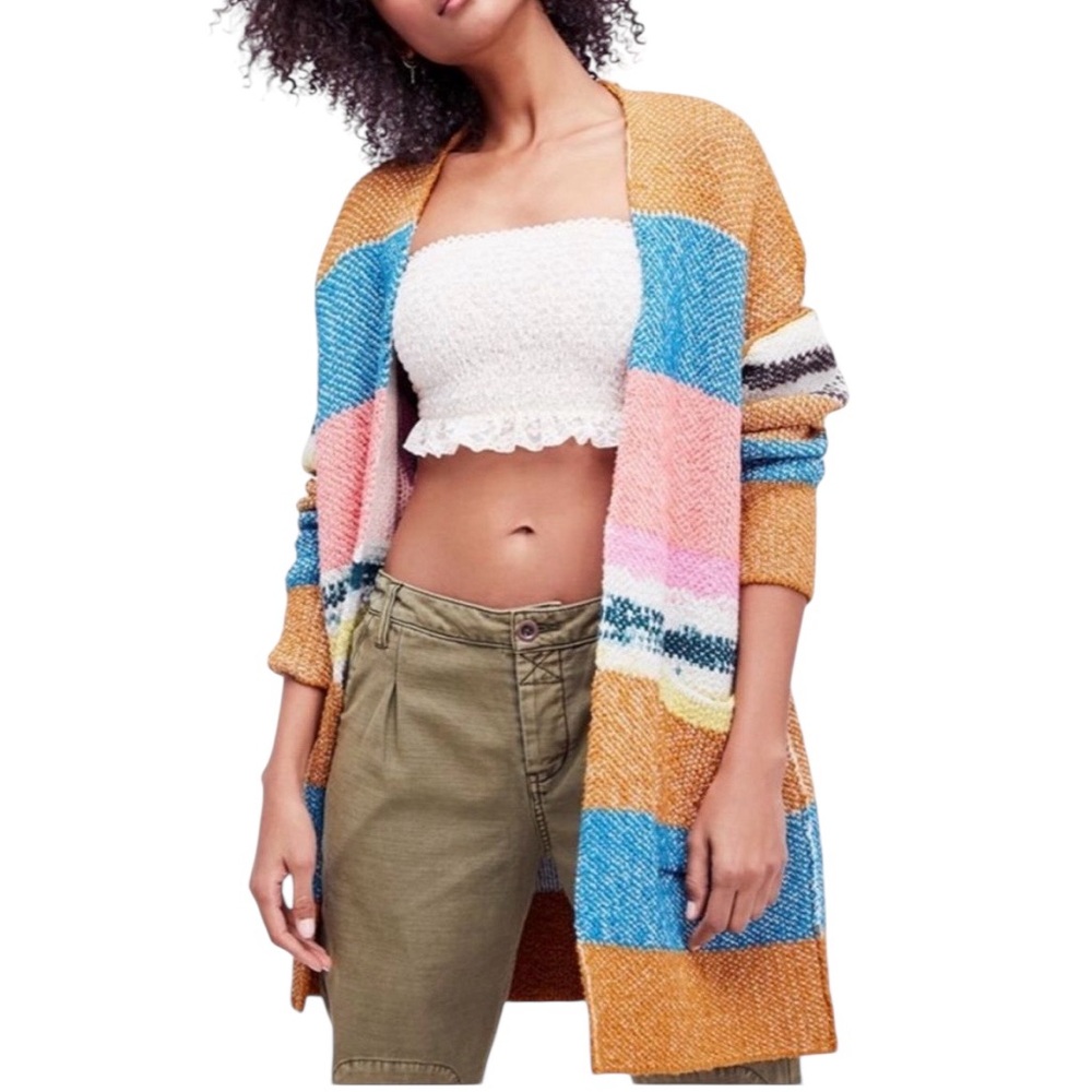 Free People Think Twice Cardigan Small Colorblock Striped Open Front